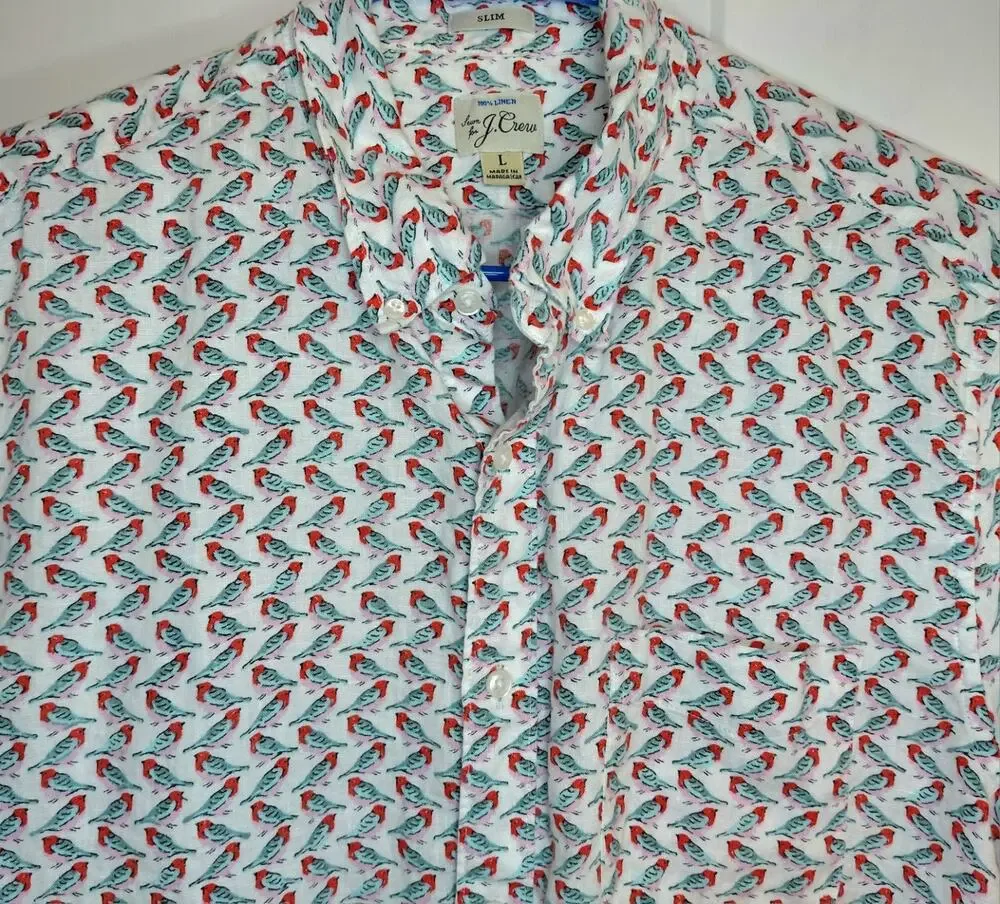 J.Crew Mens 100% Linen Bird Print Shirt Slim Fit Large Short Sleeve Coastal